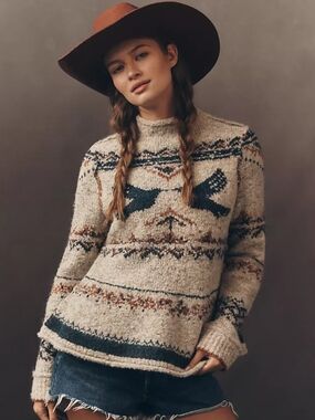 Pilcro Beige Fair Isle Cowl-Neck Sweater with Navy Bird Motif